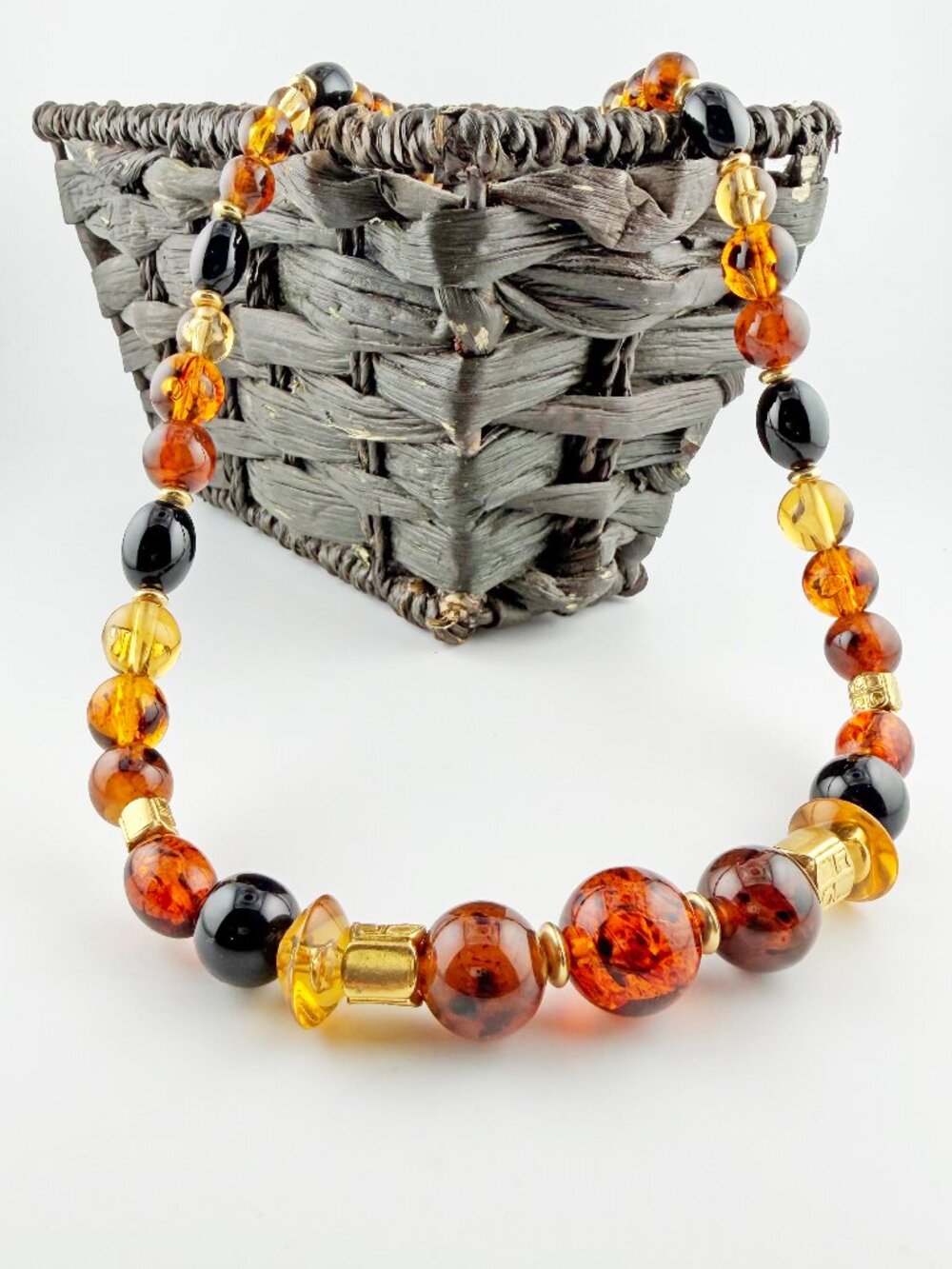 Liz Claiborne Statement Necklace | Amber & Black Resin Bead with Gold Crest